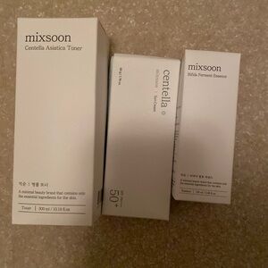 Mixsoon centella asiatica toner, centella sunscreen, bifida ferment essence.